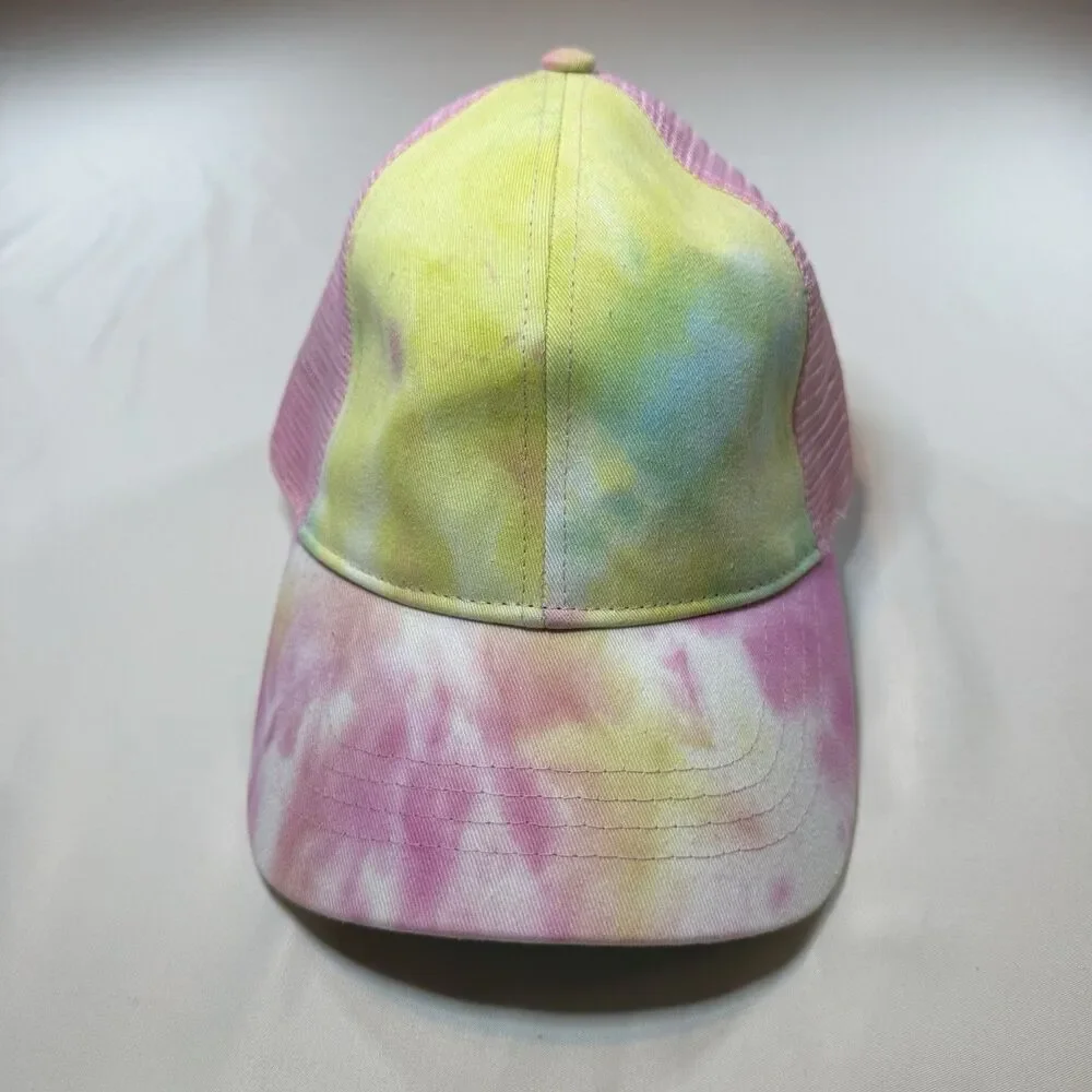 Angela & William Tie Dye Ponytail Trucker Hat Pink Mesh Baseball Cap One Size